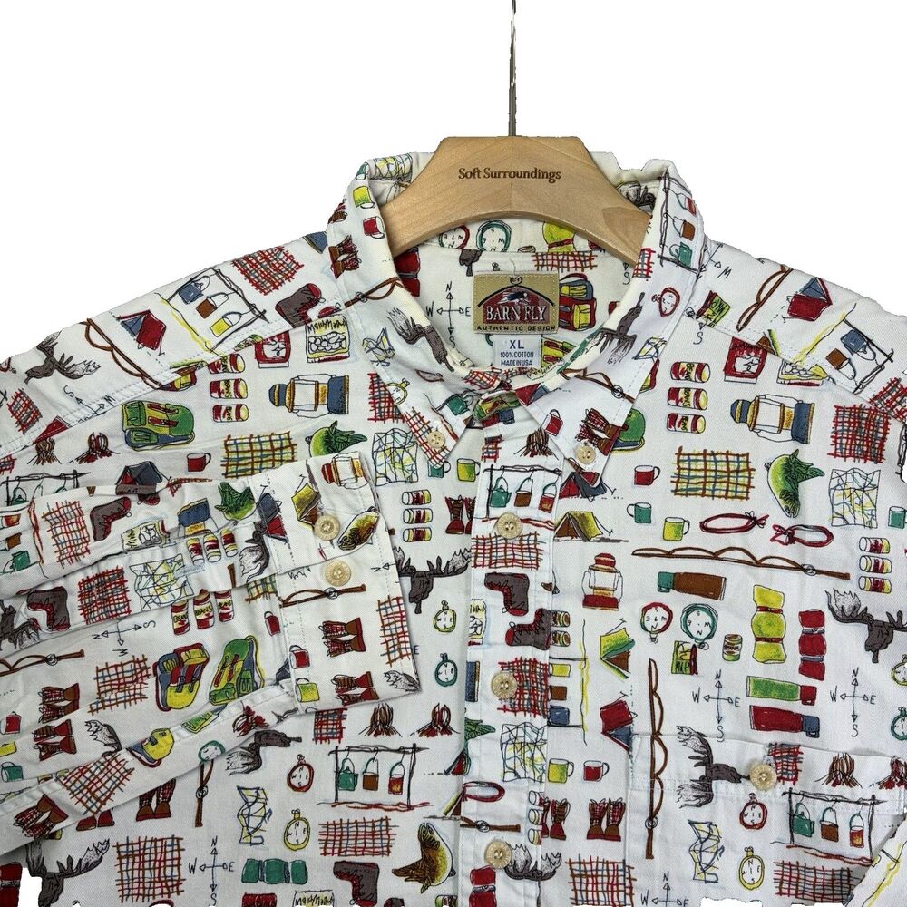 Barn Fly Button Up Shirt Mens XL Long Sleeve All Over Graphic Print White USA